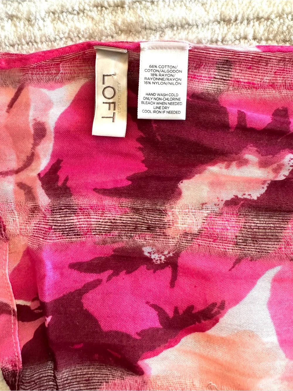 LOFT Pink Fuchsia Abstract Floral Scarf Cotton Blend 24x70